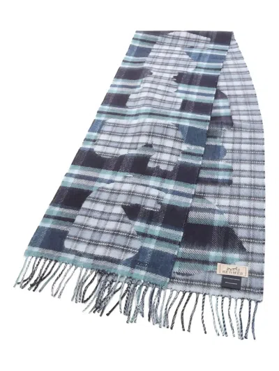 Pre-owned Hermes 2010s Check Fringed Scarf In Blue