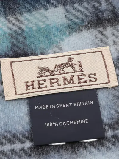 Pre-owned Hermes 2010s Check Fringed Scarf In Blue