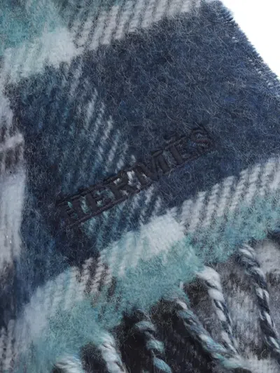 Pre-owned Hermes 2010s Check Fringed Scarf In Blue
