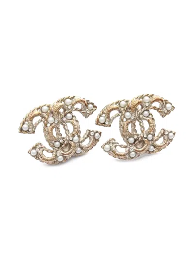 Pre-owned Chanel 1986-1988 Coco-mark Faux Pearl Earrings In Gold