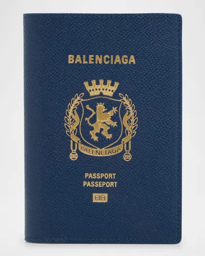 Balenciaga Printed Leather Passport Holder In Blue