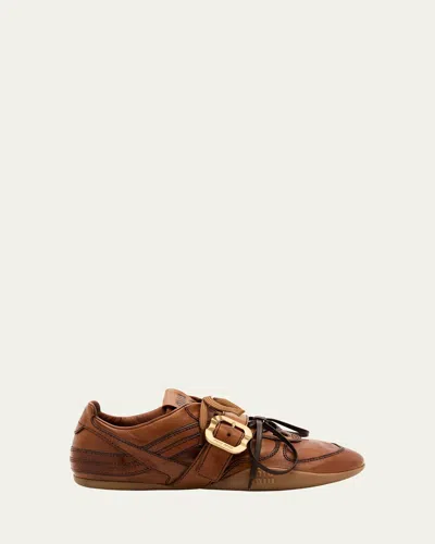 Miu Miu Cognac-colored Leather Sneakers With Buckle In Multi