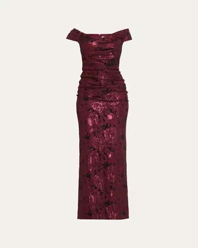 Rickie Freeman For Teri Jon Ruched Metallic Floral Jacquard Column Gown In Purple