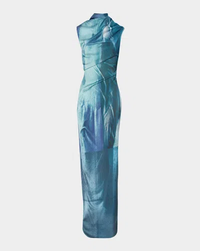 Jean Paul Gaultier Printed Long Sleeveless Satin Dress With Cuffling Detail On The Back In Blue