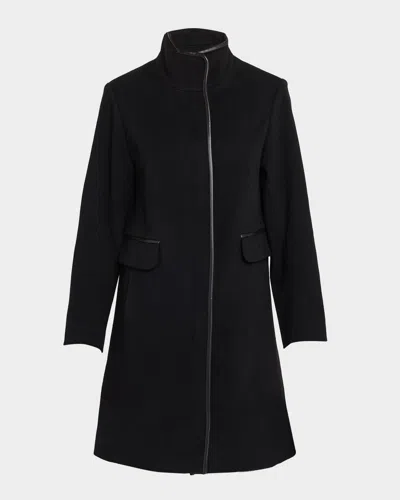 Fleurette Margaux Mid-length Wool Coat With Leather Trim In Black