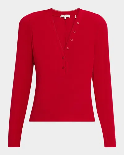 Frame The Mesh Trim Ribbed Henley Top In Red