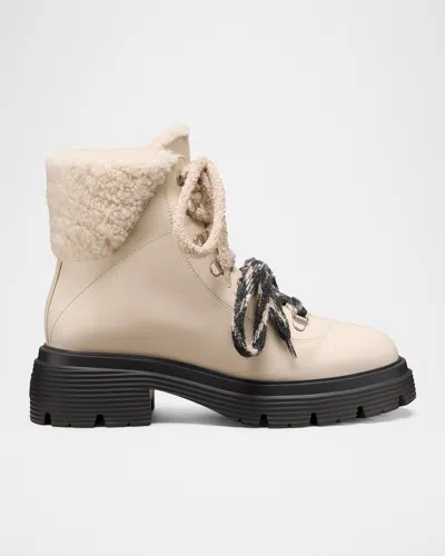 Stuart Weitzman Hudson Lite Lace Shearling-lined Leather Combat Boots In Neutral
