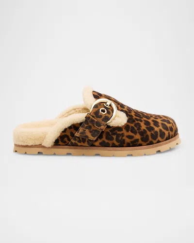 Stuart Weitzman Chrystie Shearling-lined Leopard Suede Mules In Brown