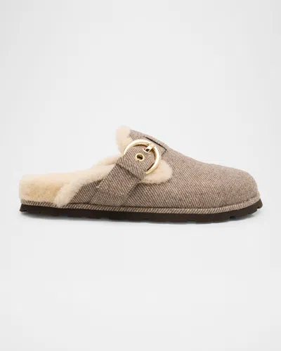 Stuart Weitzman Chrystie Shearling-lined Twill Mules In Brown