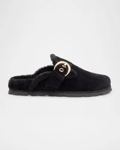 Stuart Weitzman Chrystie Shearling-lined Corduroy Mules In Black