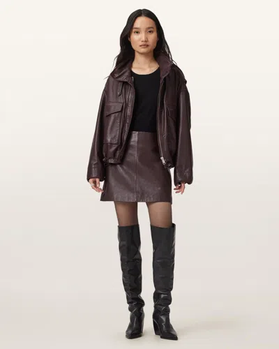 Allsaints Womens Oxblood Red Renai Slim-fit Mid-rise Leather Mini Skirt In Burgundy