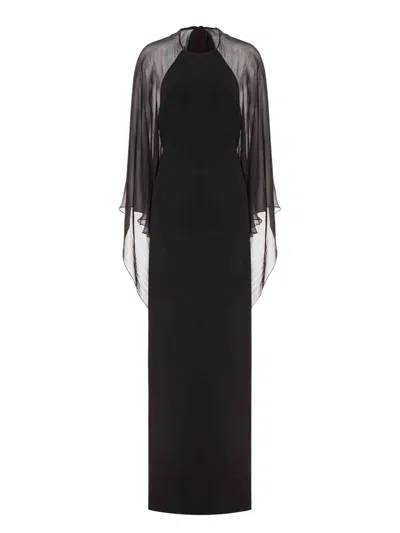 Alberta Ferretti Long-sleeve Chiffon Cape Backless Maxi Dress In Black