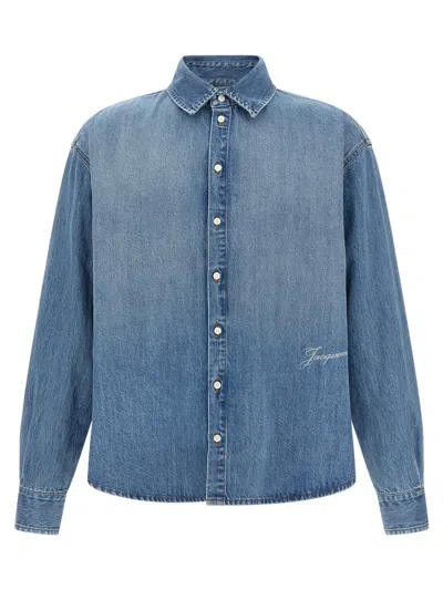 Jacquemus La Chemise De-nimes Simon With Embroidered Logo In Blue
