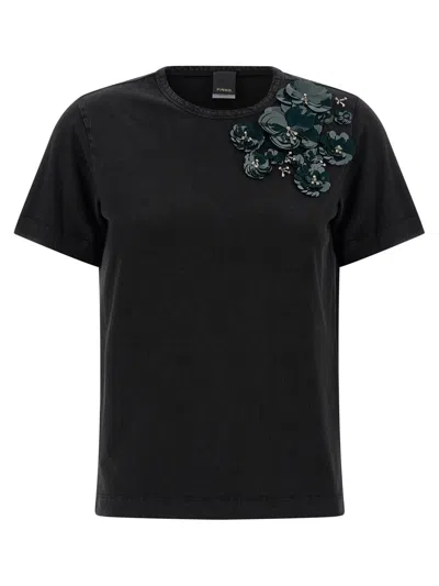 Pinko T-shirt With Flowers Embroidery In Black