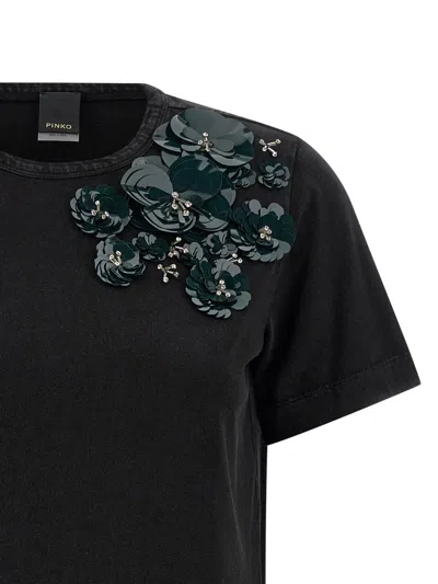 Pinko T-shirt With Flowers Embroidery In Black