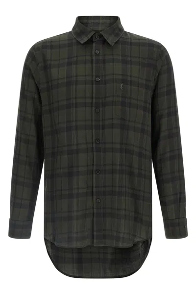 Saint Laurent Button-down Shirt With Curved Hem And Pocket In Green