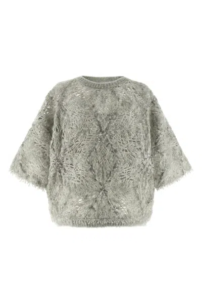 Brunello Cucinelli Short Sleeve Textured Sweater Featuring Sequins In Gray