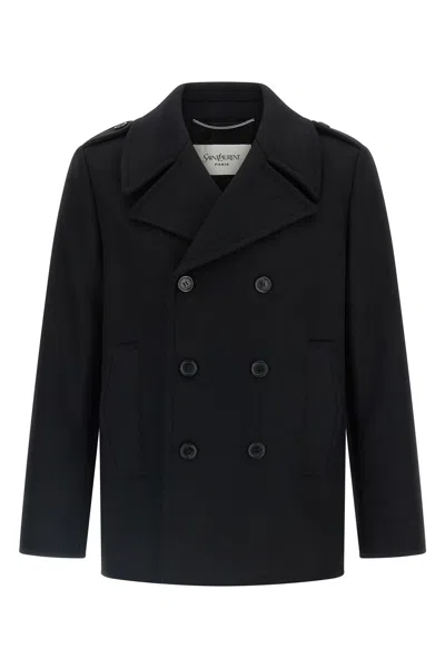 Saint Laurent Black Double-breasted Coat With Wide Notched Revers In Wool Man In Black