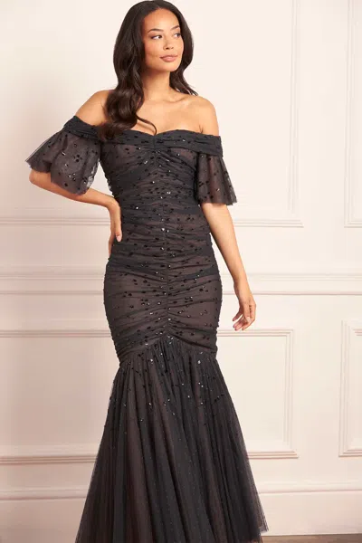 Needle & Thread Dappled Sequin Rouched Off-shoulder Gown In Black