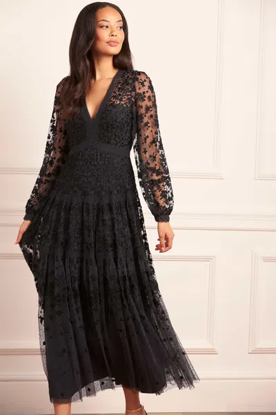 Needle & Thread Celestia Ribbon Long Sleeve V-neck Gown In Black