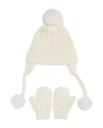 Capelli Girls' Super Soft Cable Knit Earflap Hat With Faux Fur Pom & Mittens Set In White