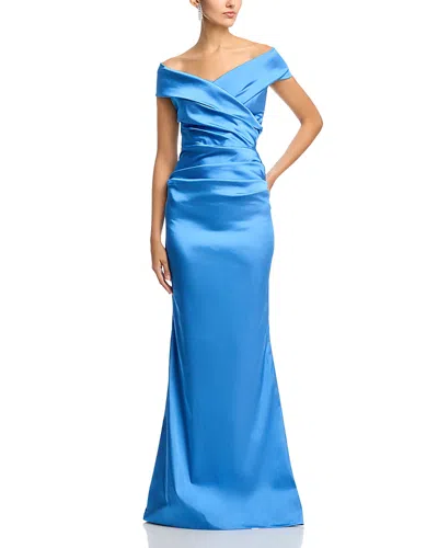 Teri Jon By Rickie Freeman Satin Stretch Off The Shoulder Gown In Blue