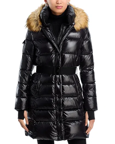 Aqua Long Belted Puffer With Faux Fur Trimmed Hood - Exclusive In Black