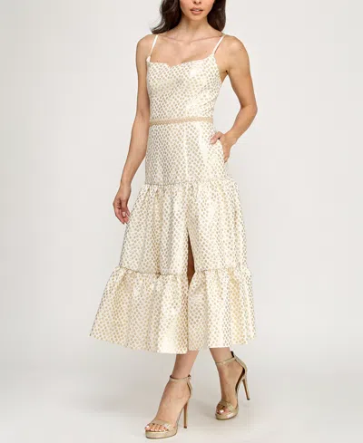 Violet Weekend Women's Dot Jacquard Tea Length Dress In White