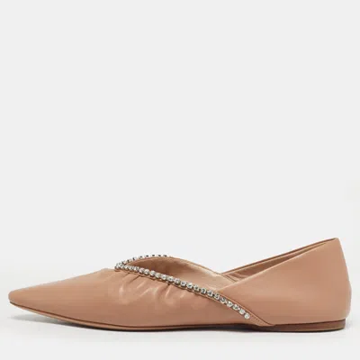 Pre-owned Miu Miu Beige Leather Crystal Embellished Ballet Flats Size 38 In Sand