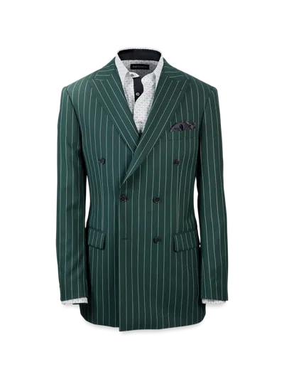 Paul Fredrick Wool Stretch Stripe Double Breasted Peak Lapel Suit Jacket In Green