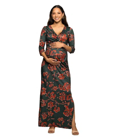 24seven Comfort Apparel Floral Print Three Quarter Sleeve Side Slit Maxi Dress In Black