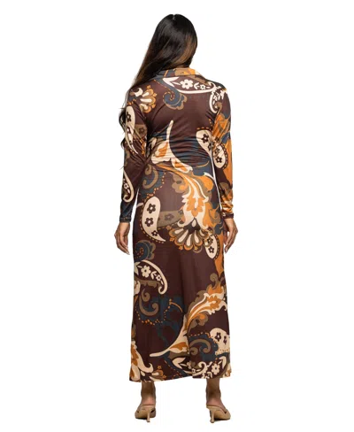24seven Comfort Apparel Women's Brown Paisley Belt Waist Maxi Dress In Brown