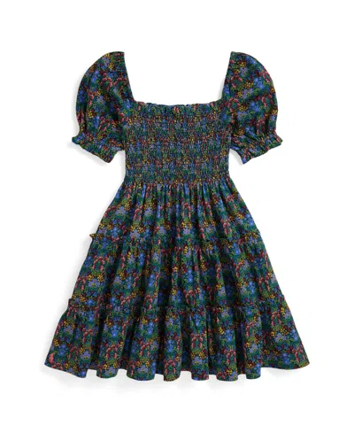 Polo Ralph Lauren Girls 2t-6x Floral Smocked Short Sleeve Dress In Blue