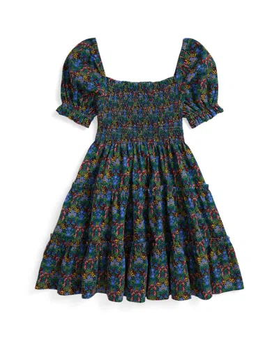 Polo Ralph Lauren Girls 2t-6x Floral Smocked Short Sleeve Dress In Blue