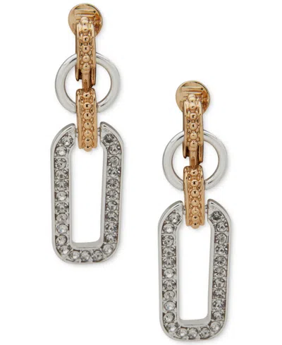 Anne Klein Crystal Stone Two-tone Linked Comfort Clip Drop Earrings In Gold