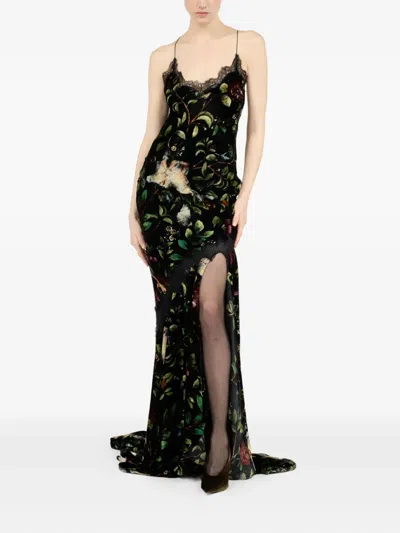 Roberto Cavalli Floral Spaghetti Strap Dress With Side Slit In Black