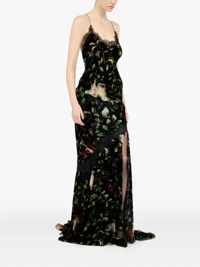 Roberto Cavalli Floral Spaghetti Strap Dress With Side Slit In Black