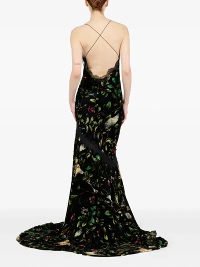 Roberto Cavalli Floral Spaghetti Strap Dress With Side Slit In Black