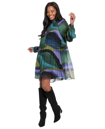 London Times Women's Bishop Sleeve With Tie Dress In Multi