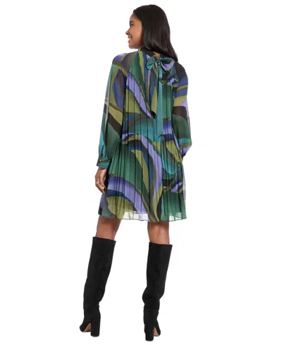 London Times Women's Bishop Sleeve With Tie Dress In Multi