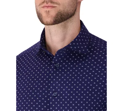 Victor Emmanuel Regular Fit Navy Geometric Print Knit Cotton Dress Shirt In Blue