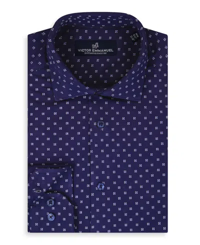 Victor Emmanuel Regular Fit Navy Geometric Print Knit Cotton Dress Shirt In Blue