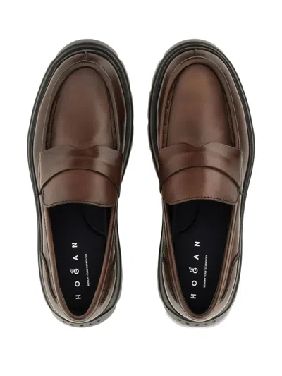 Hogan Round-toe Loafers In Brown