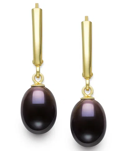 Belle De Mer Cultured Freshwater Peacock Black Drop Pearl (7-8mm) Earrings In 14k Gold Over Silver In Multi