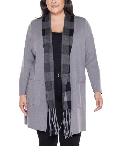 Belldini Plus Size Black Label Scarf-effect Open-front Coatigan Sweater In Gray
