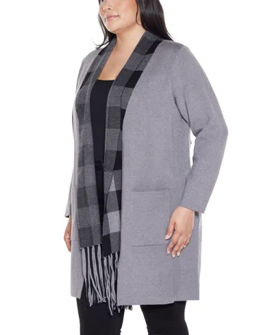 Belldini Plus Size Black Label Scarf-effect Open-front Coatigan Sweater In Gray