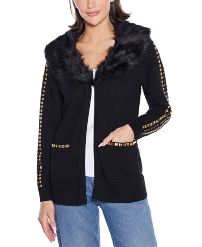 Belldini Women's Black Label Embellished Collar Cardigan Sweater In Blue