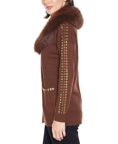 Belldini Women's Black Label Embellished Collar Cardigan Sweater In Brown