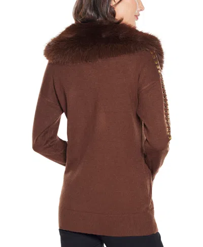 Belldini Women's Black Label Embellished Collar Cardigan Sweater In Brown