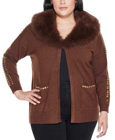 Belldini Women's Black Label Embellished Collar Cardigan Sweater In Brown
